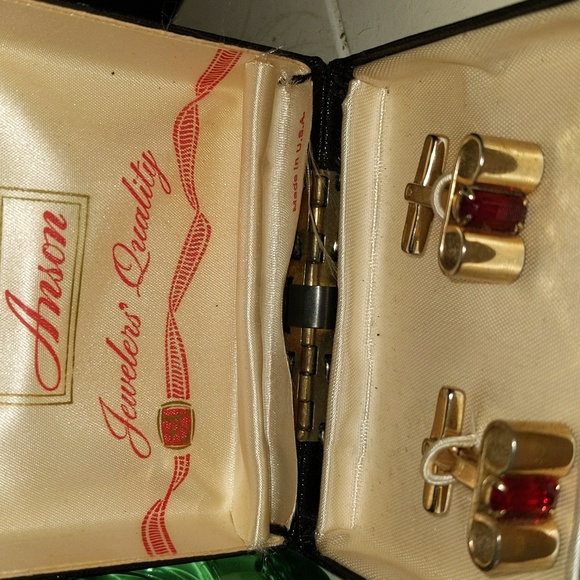 Hickok Signed 1940s Mid Century Ruby Gold Tone Men's Cuff Links Jewelry - Picture 9 of 10